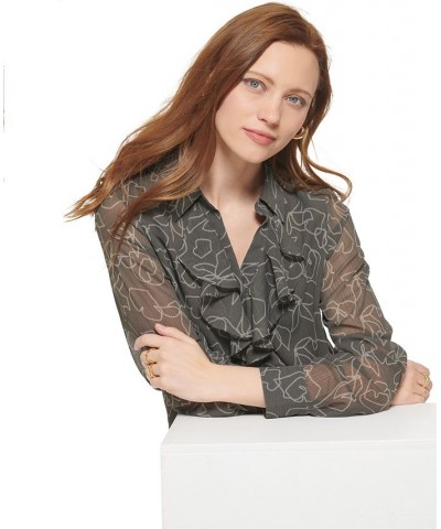 Women's Long Sleeve Floral Ruffle Front Blouse Charcoal/Tin $50.49 Tops