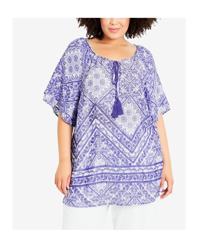 Plus Size Medallion Border Peasant Top Fade Blue $35.88 Tops