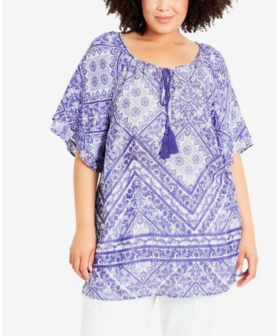 Plus Size Medallion Border Peasant Top Fade Blue $35.88 Tops