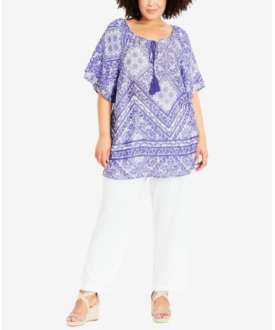 Plus Size Medallion Border Peasant Top Fade Blue $35.88 Tops