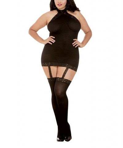 Women's Plus Size Sheer Halter Garter Dress with Attached Garters and Stockings Lingerie Set Black $15.60 Lingerie