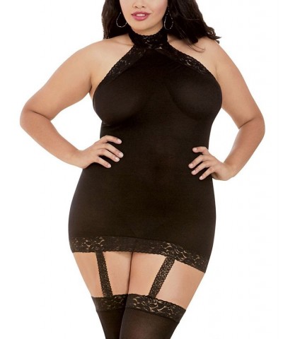 Women's Plus Size Sheer Halter Garter Dress with Attached Garters and Stockings Lingerie Set Black $15.60 Lingerie