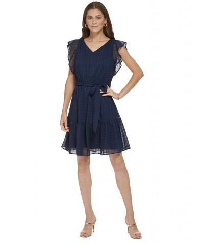 Women's Flutter-Sleeve Ruffled Fit & Flare Dress Blue $69.50 Dresses