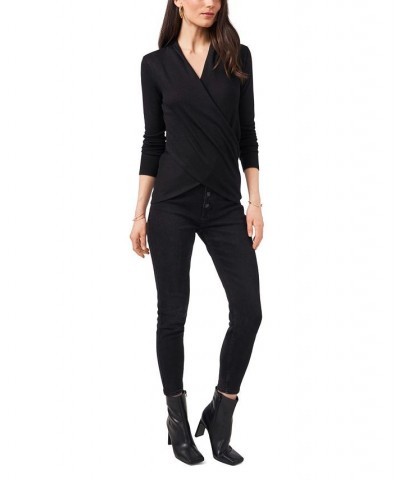 Women’s Cross-Front Long Sleeve Cozy Knit Top Black $21.79 Tops