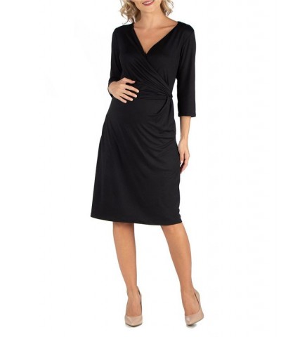 Three Quarter Sleeve Knee Length Maternity Wrap Dress Black $25.07 Dresses