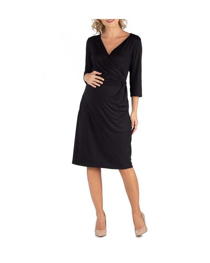 Three Quarter Sleeve Knee Length Maternity Wrap Dress Black $25.07 Dresses