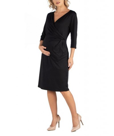 Three Quarter Sleeve Knee Length Maternity Wrap Dress Black $25.07 Dresses