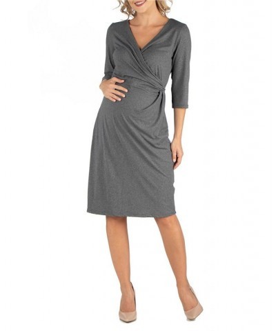 Three Quarter Sleeve Knee Length Maternity Wrap Dress Black $25.07 Dresses