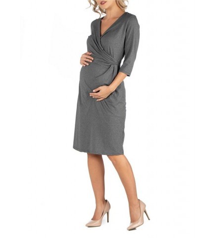 Three Quarter Sleeve Knee Length Maternity Wrap Dress Black $25.07 Dresses