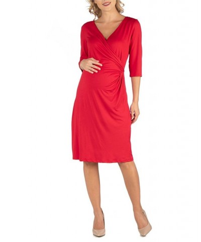 Three Quarter Sleeve Knee Length Maternity Wrap Dress Black $25.07 Dresses