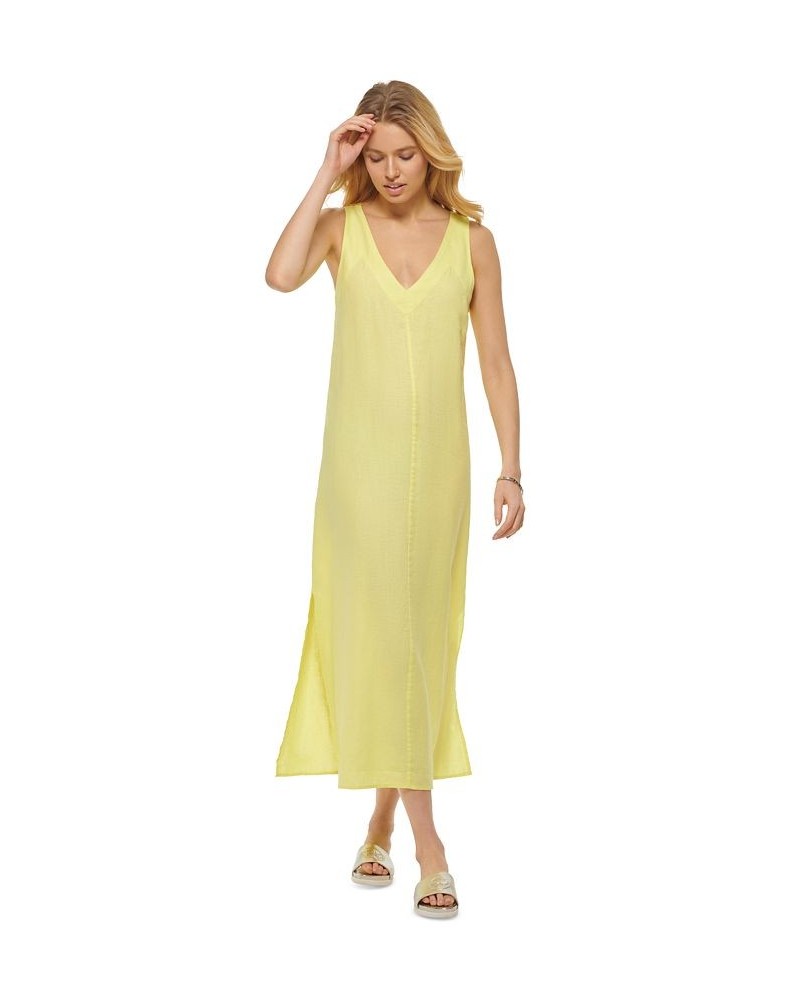 Linen V-Neck Maxi Dress Yellow $43.75 Dresses