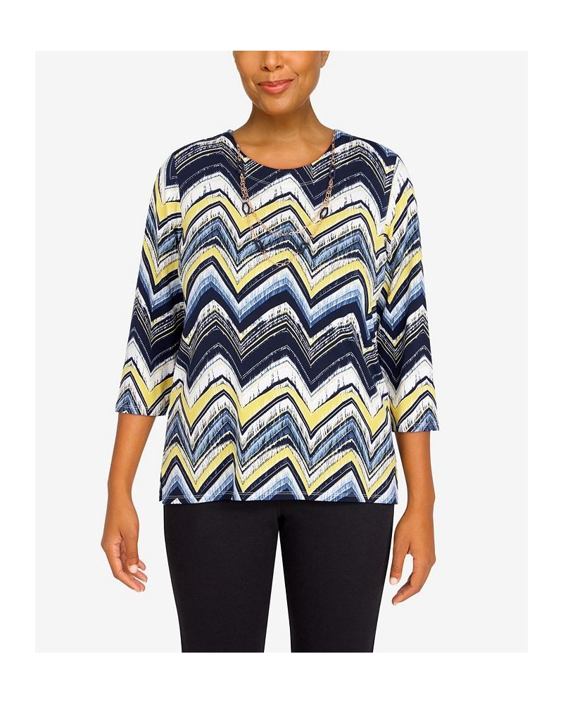 Petite Bright Idea Three-Quarter Length Zig Zag Top with Necklace Multi $27.74 Tops