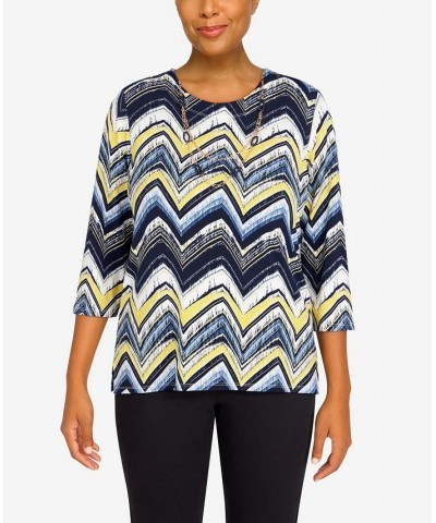 Petite Bright Idea Three-Quarter Length Zig Zag Top with Necklace Multi $27.74 Tops