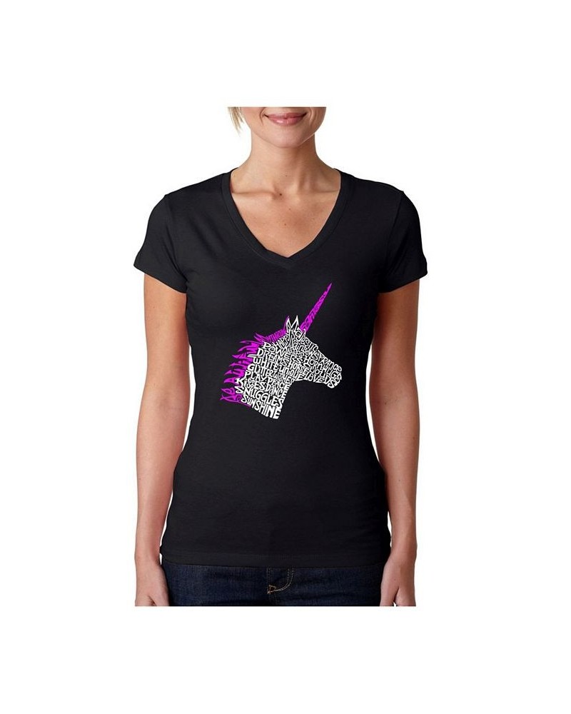 Women's Word Art V-Neck T-Shirt - Unicorn Black $14.00 Tops