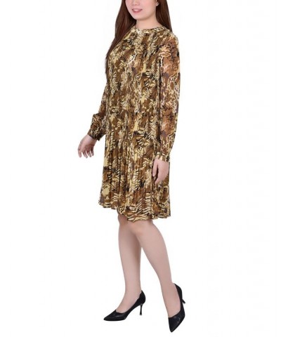 Petite Long Sleeve Pleated Dress Mustard Paisley $18.72 Dresses