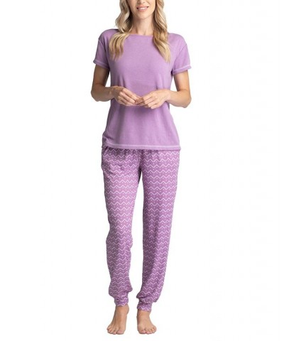 Women's Ribbed Crewneck & Printed Jogger Pajama Pants Set Purple Stripe $29.58 Sleepwear