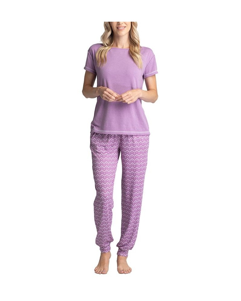 Women's Ribbed Crewneck & Printed Jogger Pajama Pants Set Purple Stripe $29.58 Sleepwear