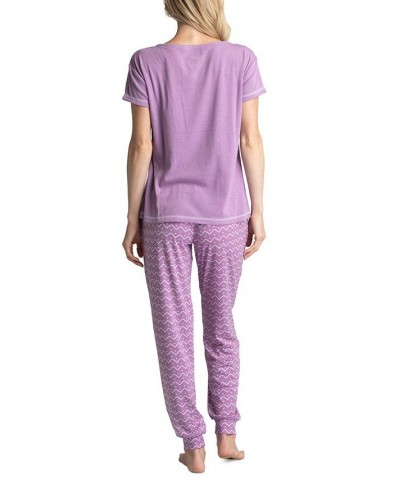 Women's Ribbed Crewneck & Printed Jogger Pajama Pants Set Purple Stripe $29.58 Sleepwear