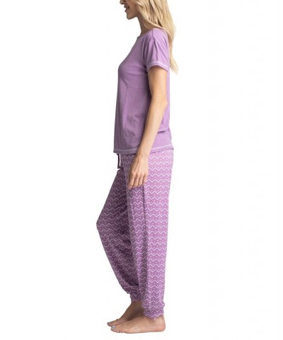 Women's Ribbed Crewneck & Printed Jogger Pajama Pants Set Purple Stripe $29.58 Sleepwear