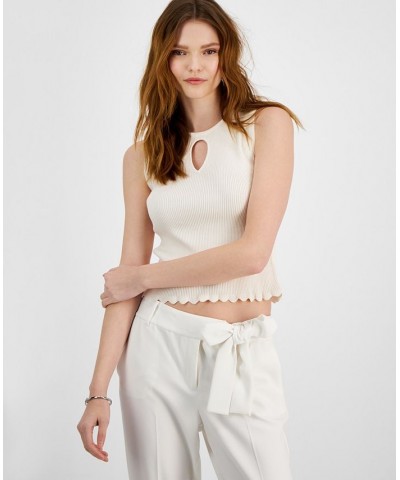 Women's Sleeveless Ribbed Cropped Keyhole-Cutout Sweater White $21.83 Tops
