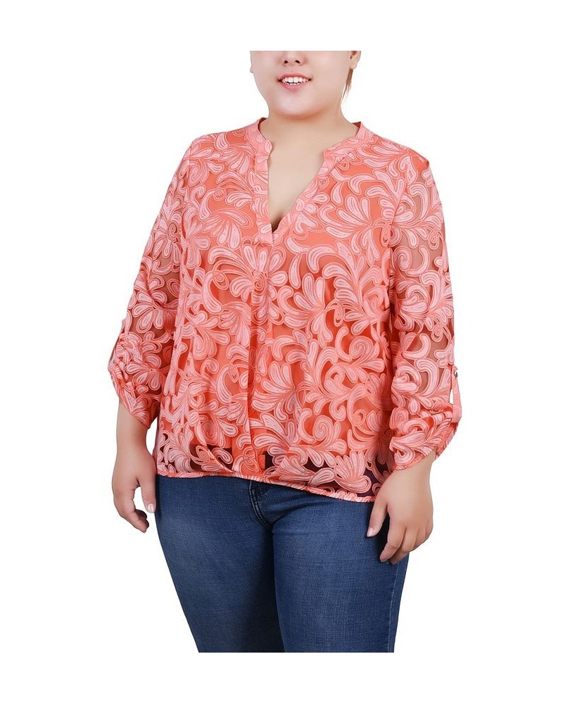 Plus Size Long Sleeve Burnout Y-Neck Blouse Orange $12.26 Tops