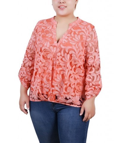 Plus Size Long Sleeve Burnout Y-Neck Blouse Orange $12.26 Tops