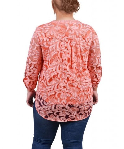 Plus Size Long Sleeve Burnout Y-Neck Blouse Orange $12.26 Tops