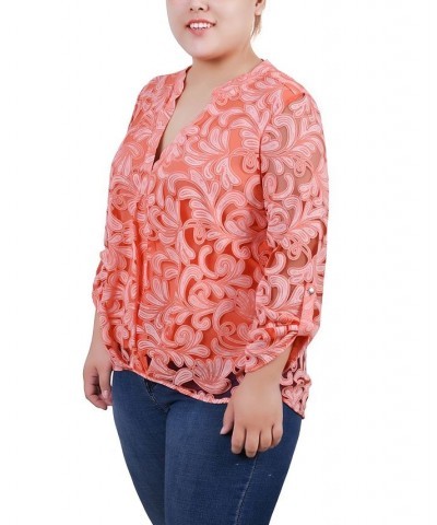 Plus Size Long Sleeve Burnout Y-Neck Blouse Orange $12.26 Tops