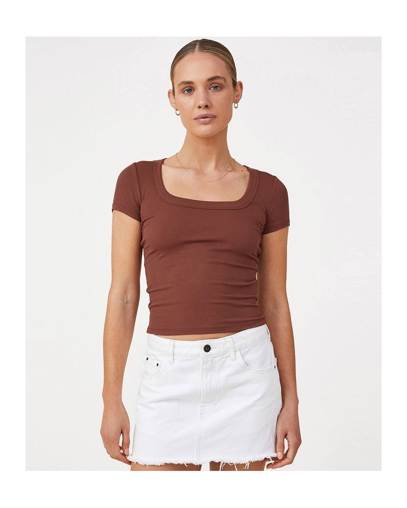 Women's Staple Rib Scoop Neck Short Sleeve Top Brown $17.15 Tops