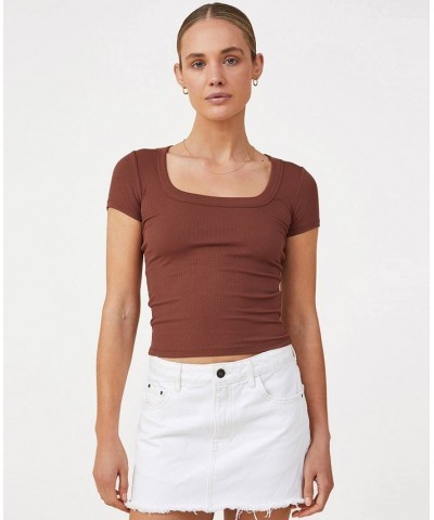 Women's Staple Rib Scoop Neck Short Sleeve Top Brown $17.15 Tops