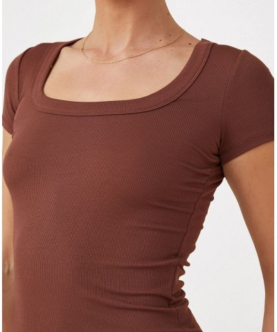 Women's Staple Rib Scoop Neck Short Sleeve Top Brown $17.15 Tops