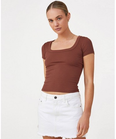 Women's Staple Rib Scoop Neck Short Sleeve Top Brown $17.15 Tops