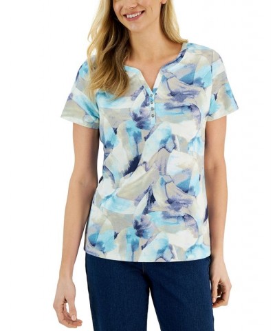 Women's Watercolor-Print Short-Sleeve Henley Top Aqua Oasis $14.24 Tops