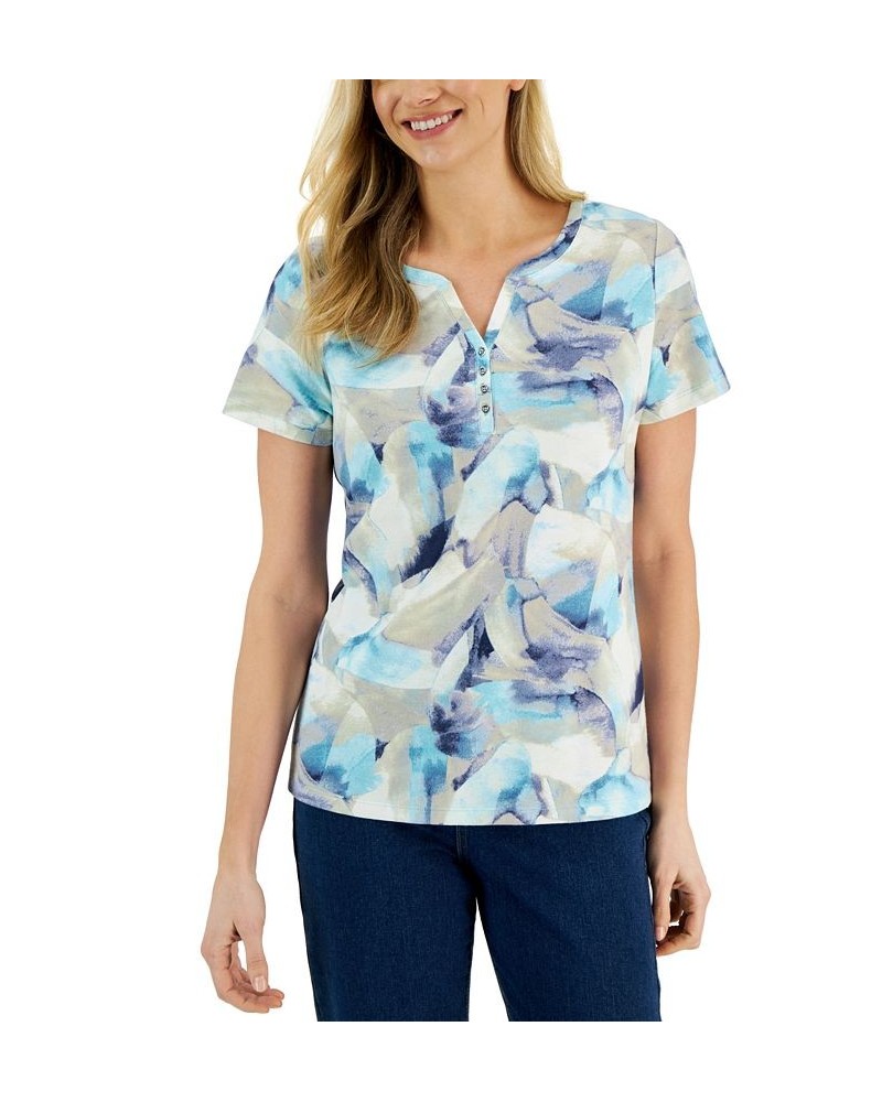 Women's Watercolor-Print Short-Sleeve Henley Top Aqua Oasis $14.24 Tops