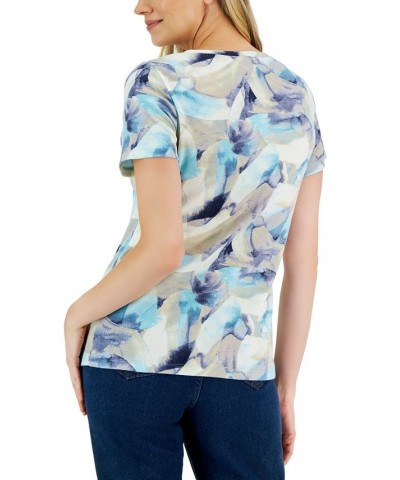 Women's Watercolor-Print Short-Sleeve Henley Top Aqua Oasis $14.24 Tops