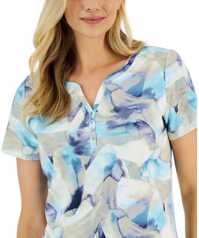 Women's Watercolor-Print Short-Sleeve Henley Top Aqua Oasis $14.24 Tops