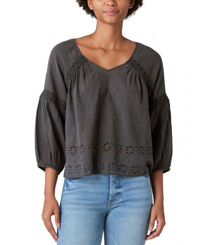 Women's Cotton Lace-Trim Embroidered Top Black $39.24 Tops