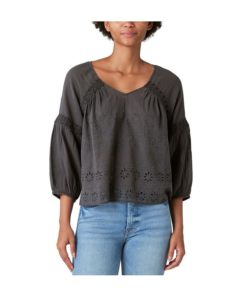 Women's Cotton Lace-Trim Embroidered Top Black $39.24 Tops