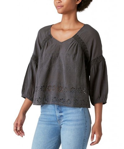 Women's Cotton Lace-Trim Embroidered Top Black $39.24 Tops