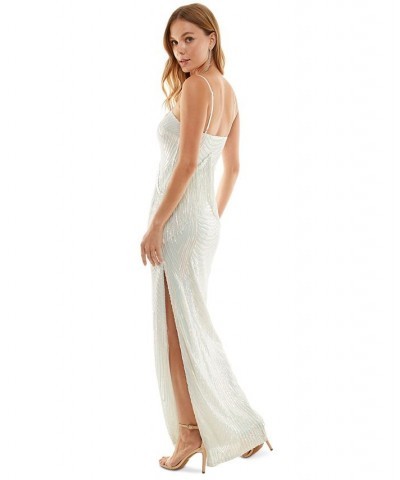 Juniors' Sequined Fringe-Trim Gown Ivory $50.00 Dresses