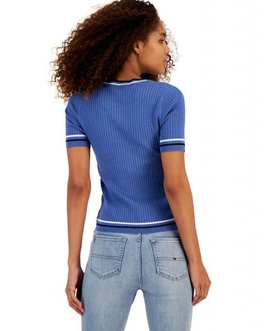 Women's Ribbed Striped-Trim Sweater Blue $23.70 Sweaters