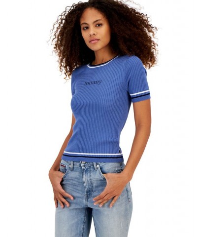 Women's Ribbed Striped-Trim Sweater Blue $23.70 Sweaters