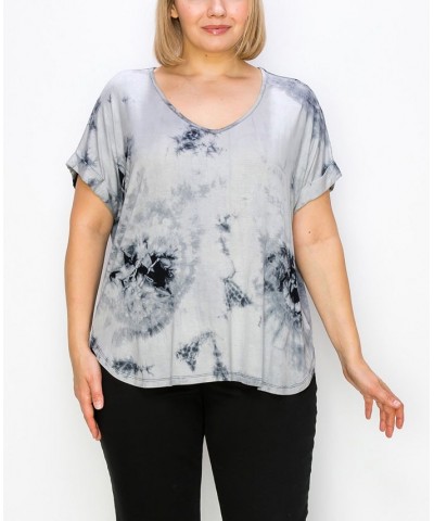 Plus Size Hand Tie Dye V-Neck Rolled Sleeve Top Gray/Black $21.45 Tops