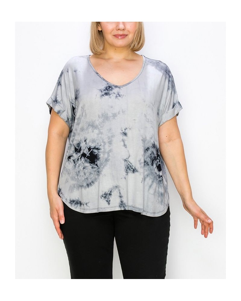 Plus Size Hand Tie Dye V-Neck Rolled Sleeve Top Gray/Black $21.45 Tops