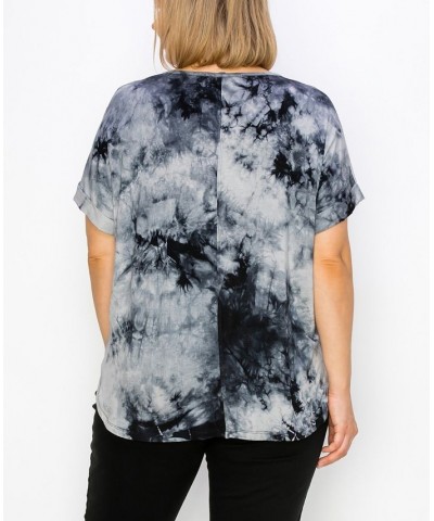 Plus Size Hand Tie Dye V-Neck Rolled Sleeve Top Gray/Black $21.45 Tops