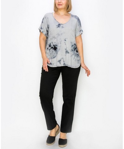 Plus Size Hand Tie Dye V-Neck Rolled Sleeve Top Gray/Black $21.45 Tops