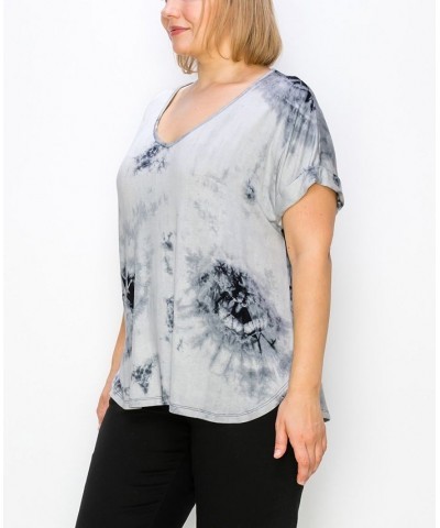 Plus Size Hand Tie Dye V-Neck Rolled Sleeve Top Gray/Black $21.45 Tops