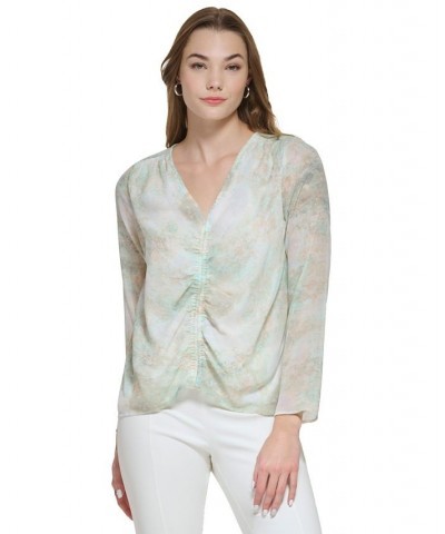 Women's Long Sleeve Printed V-Neck Blouse Celadon Combo $38.49 Tops