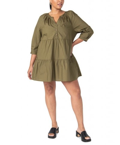 Women's Cotton 3/4-Sleeve Babydoll Dress Dark Green $36.85 Dresses