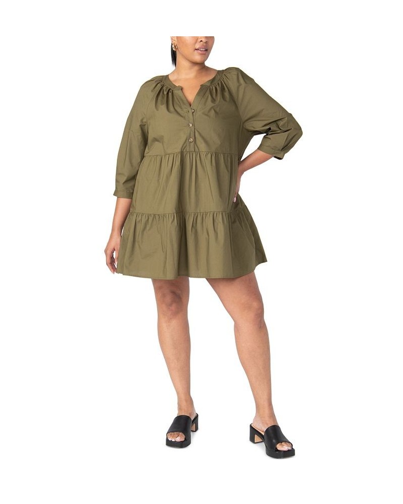 Women's Cotton 3/4-Sleeve Babydoll Dress Dark Green $36.85 Dresses